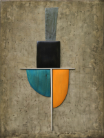 abstraktní obraz Příběh - dřevo, měď, vlna 54 x 63 cm 